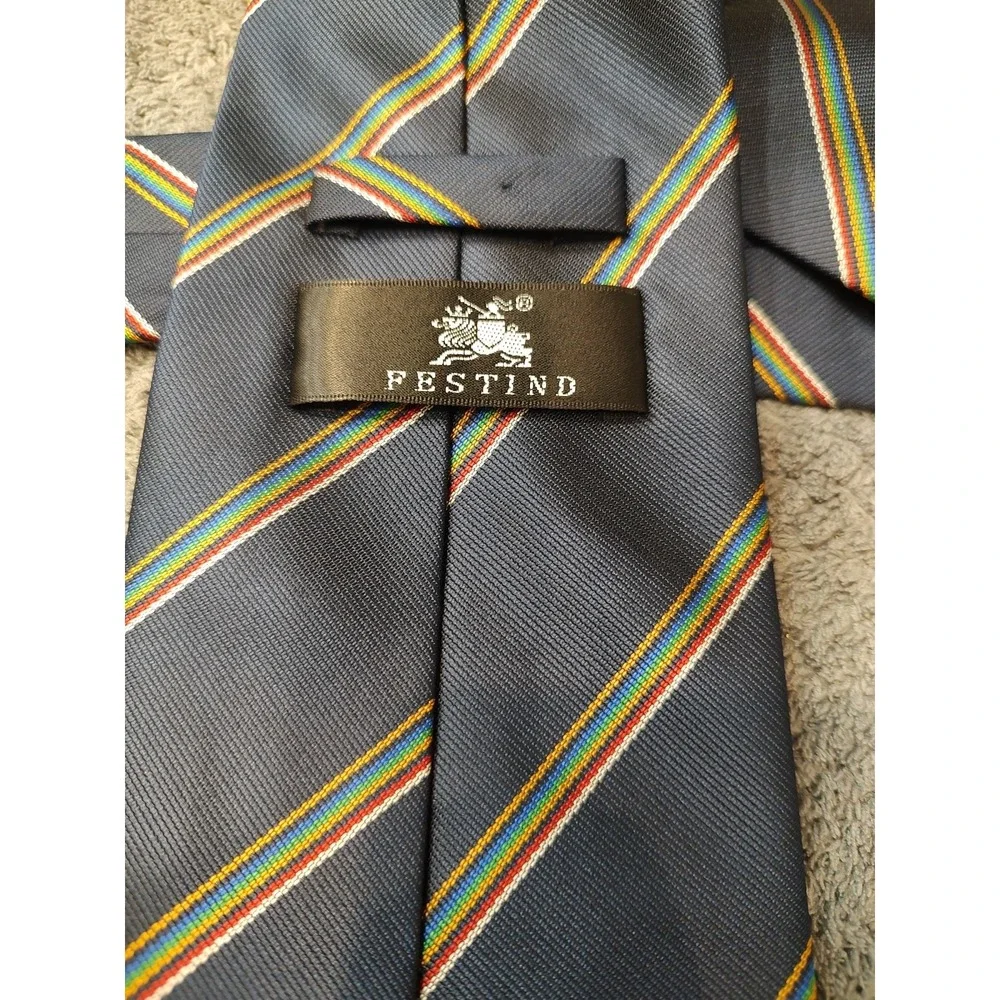 Festive Navy Blue Striped Rainbow Printed‎ Silk Tie Handmade
